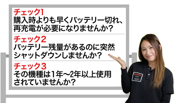 こんな状態ならiPhoneのバッテリー交換が必要です。チェック1･購入時よりもバッテリーが早く切れて再充電が必要じゃないですか？チェック2･バッテリー残量があるのに、突然シャットダウンしませんか？チェック3･今お使いの機種は1～2年以上ご使用されていませんか？